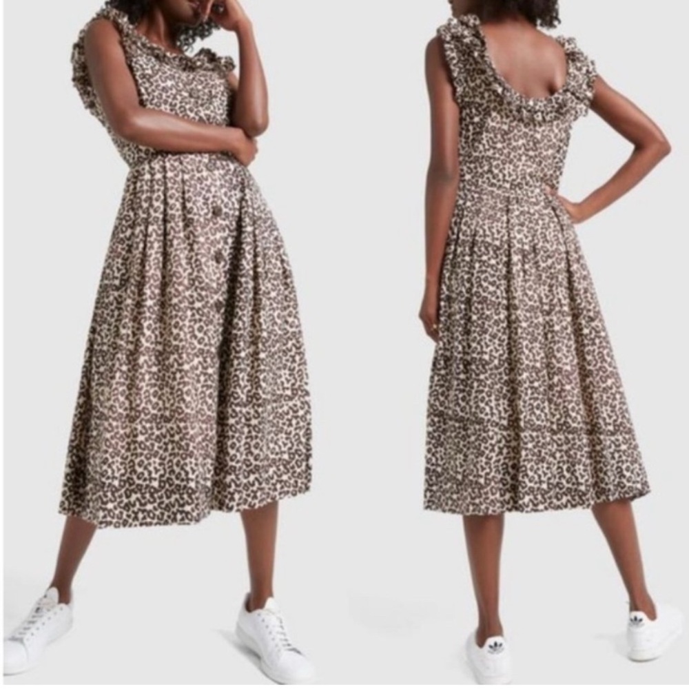 SEA New York Lottie Leopard Print Midi Dress Size 8 Brown Tan Animal Print